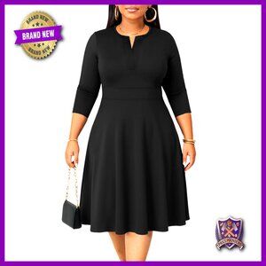 Plus Size Midi Dress 3/4 Sleeve V Neck A-Line with Pockets Casual Cocktail Work